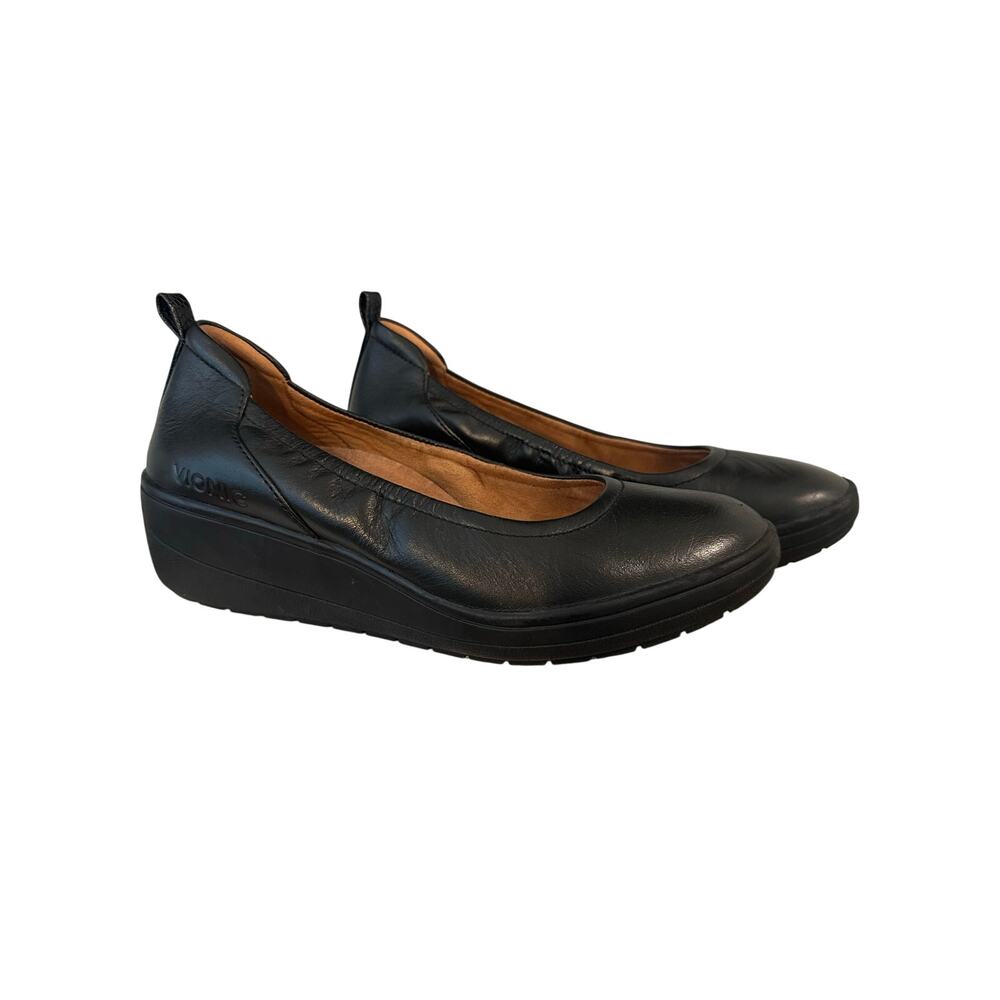 Vionic Jacey Black Leather Wedge Flats Women’s Size 7 Comfort Slip-On Shoes
